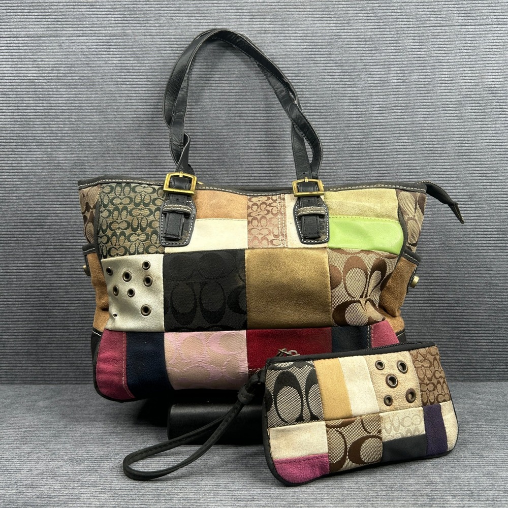 Coach Patchwork Tote Bag  Signature Jacquard Suede Wristlet Matching Set